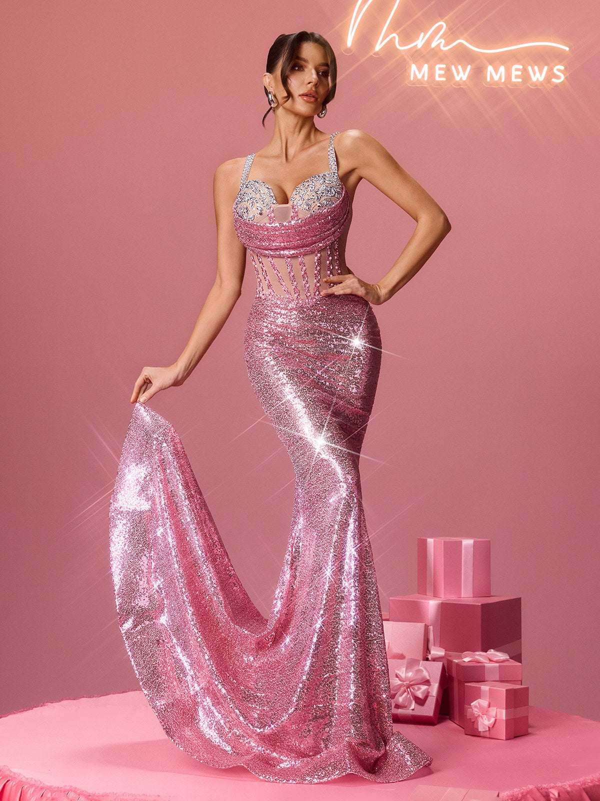 Mew Mews Qavrix Sequin Pearl Mermaid Maxi Dress