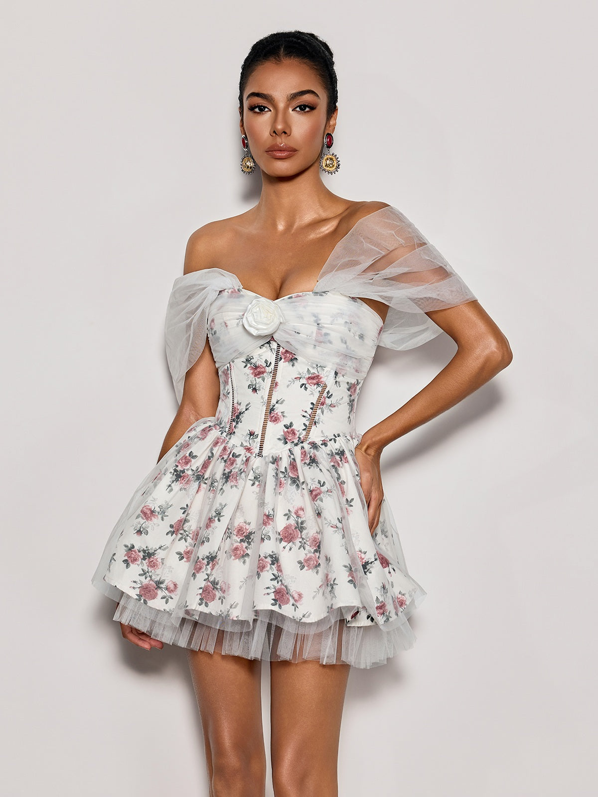 tulle mini dress white Quaris Off Shoulder Flower Tulle Mini Dress In White – Mew Mews