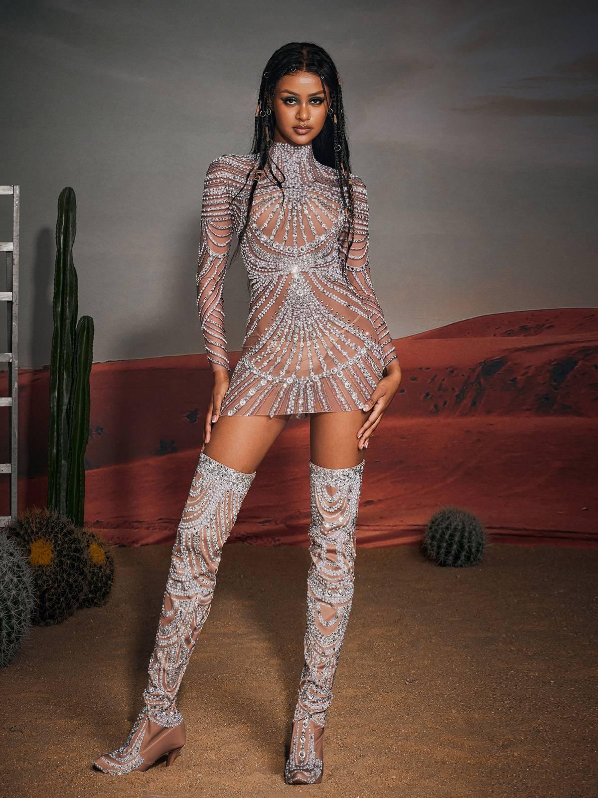 Mew Mews Ruben Long Sleeve Embellished Mesh Mini Dress Mew Mews Ruben Long Sleeve Embellished Mesh Mini Dress