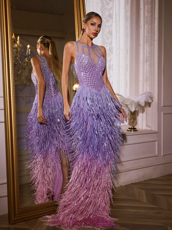 Saelyvira Fringe Rhinestone Maxi Dress In Purple Mew Mews Saelyvira Fringe Rhinestone Maxi Dress In Purple Mew Mews