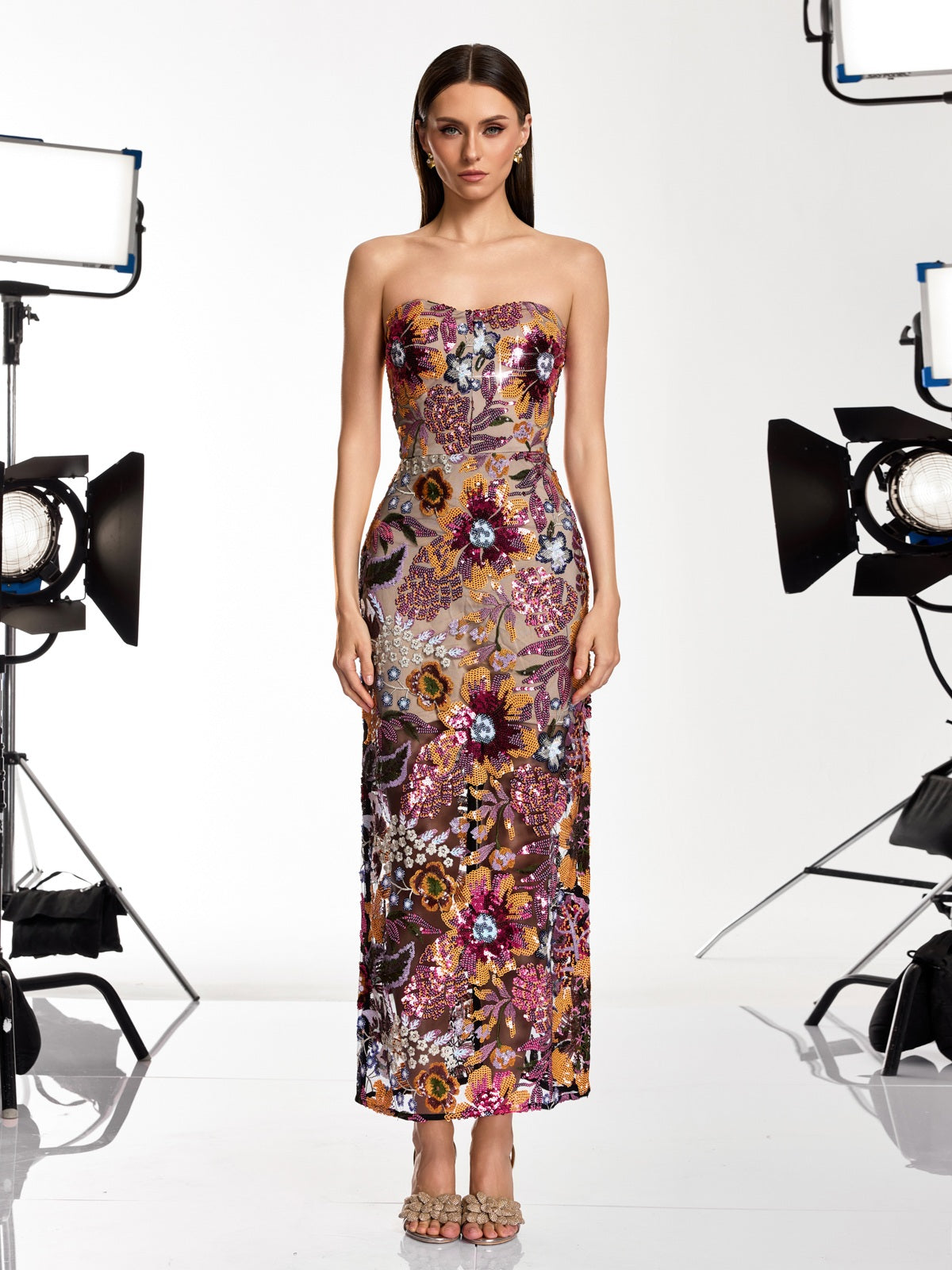 Saige Strapless Flower Embroidered Sequin Dress  Mew Mews