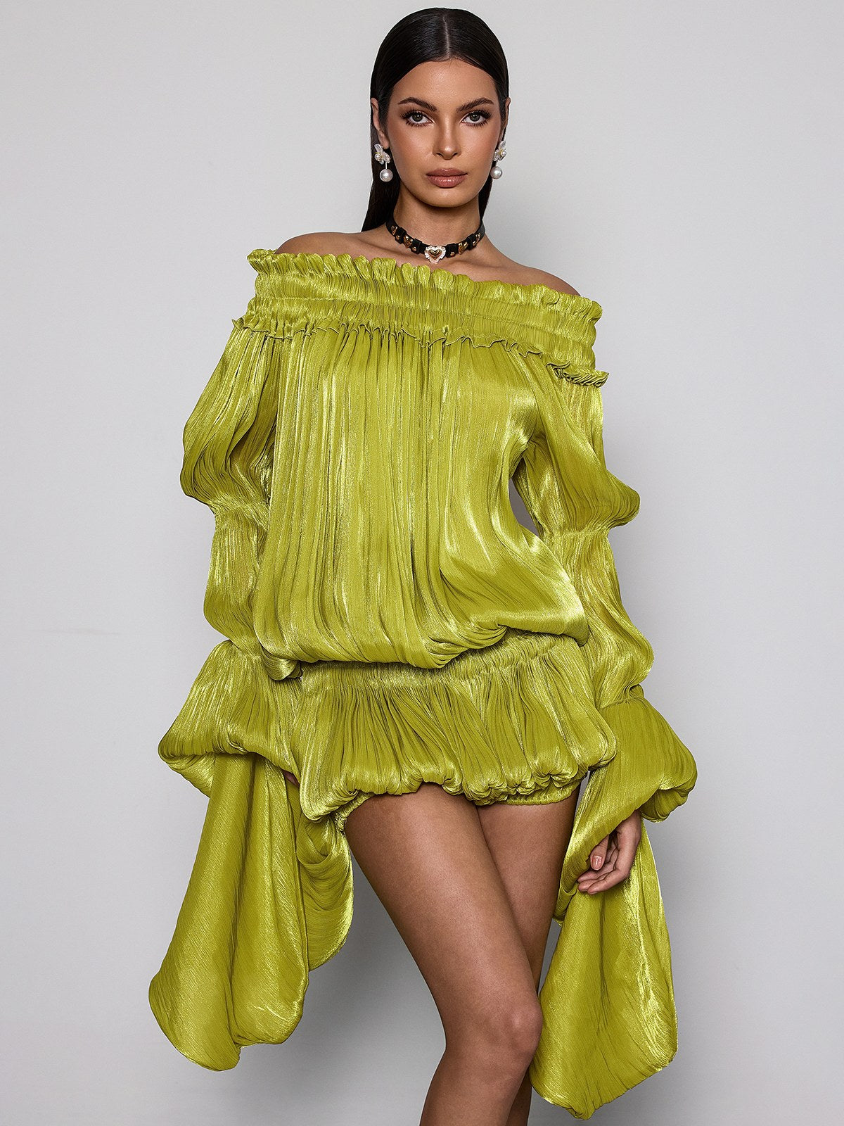 Mew Mews Salyxen Off Shoulder Ruched Dress Set In Chartreuse Mew Mews Salyxen Off Shoulder Ruched Dress Set In Chartreuse