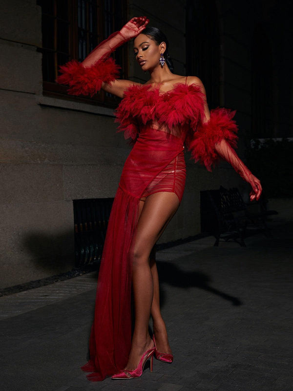 Satine Spaghetti Tulle Maxi Dress With Gloves Satine Spaghetti Tulle Maxi Dress With Gloves