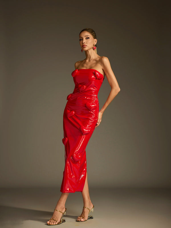 red leather strapless dress Mew Mews Taron Strapless Heart Leather Midi Dress