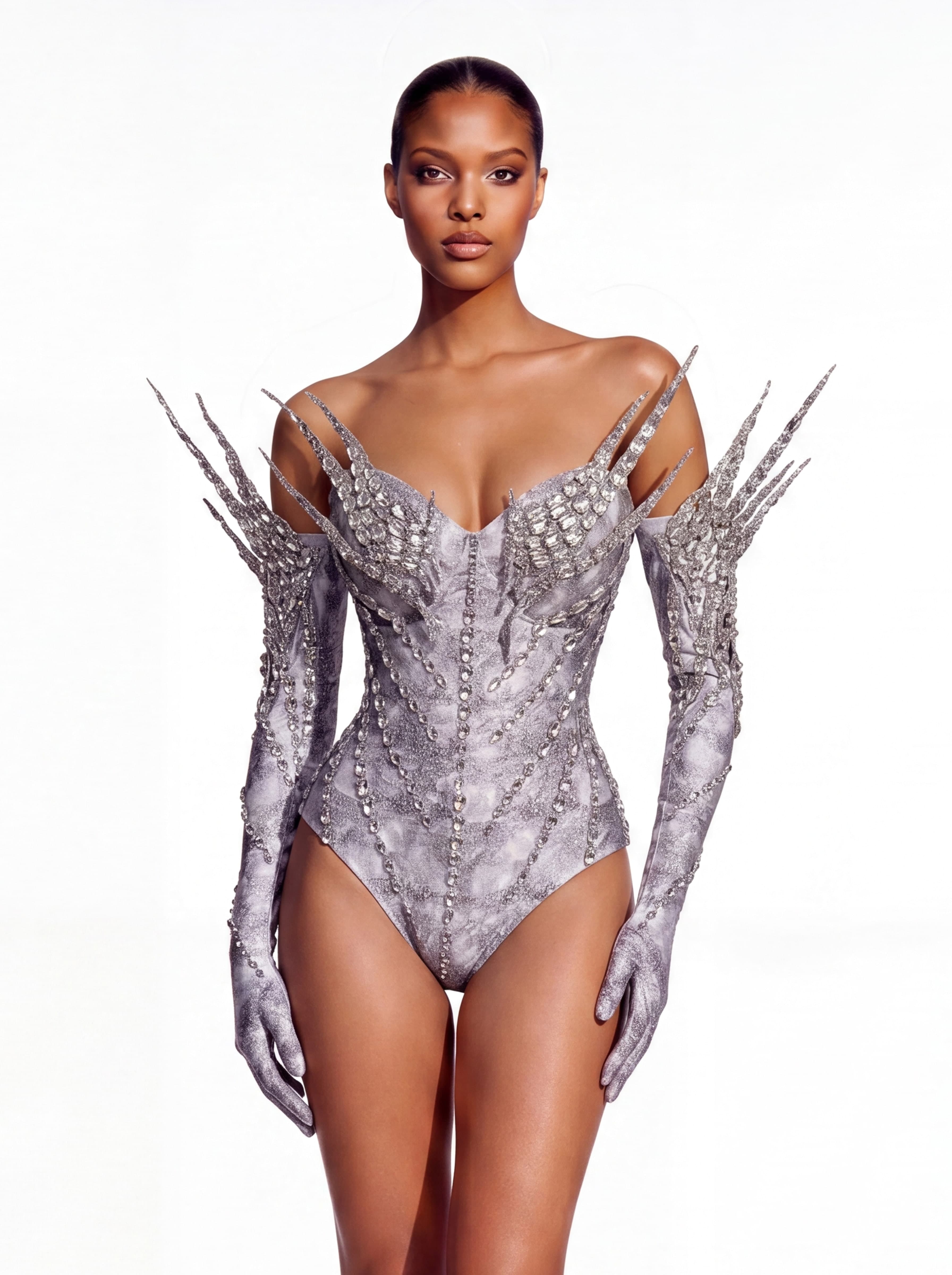 Tervix Crystal Bodysuit With Gloves In Silver – Mew Mews