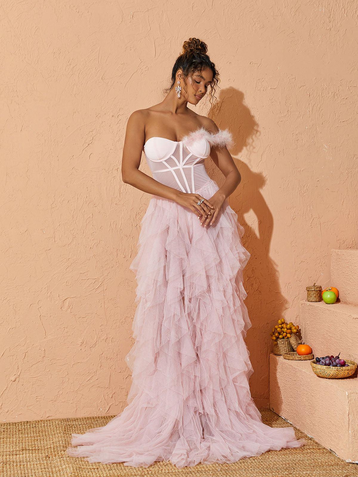 Titania One Shoulder Tulle Maxi Dress In Blush – Mew Mews Fashion