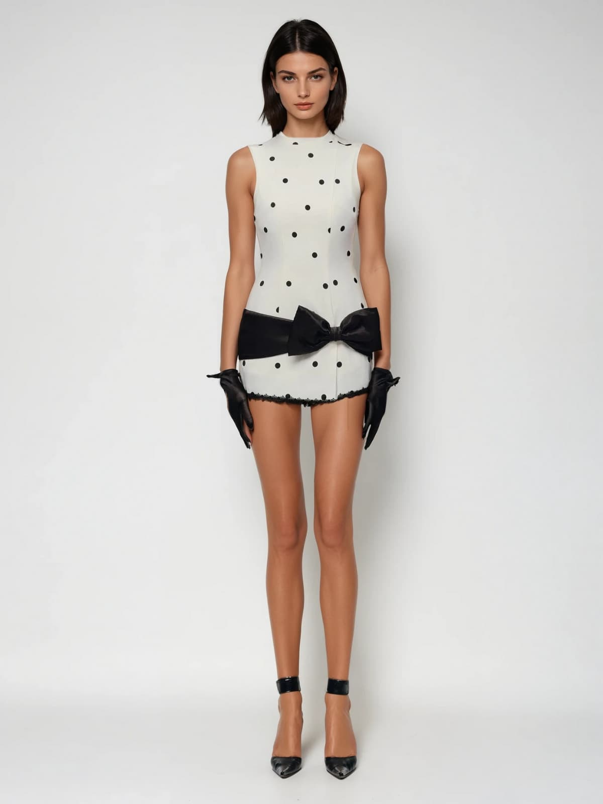 Uvandiel Sleeveless Dot Bow Mini Dress