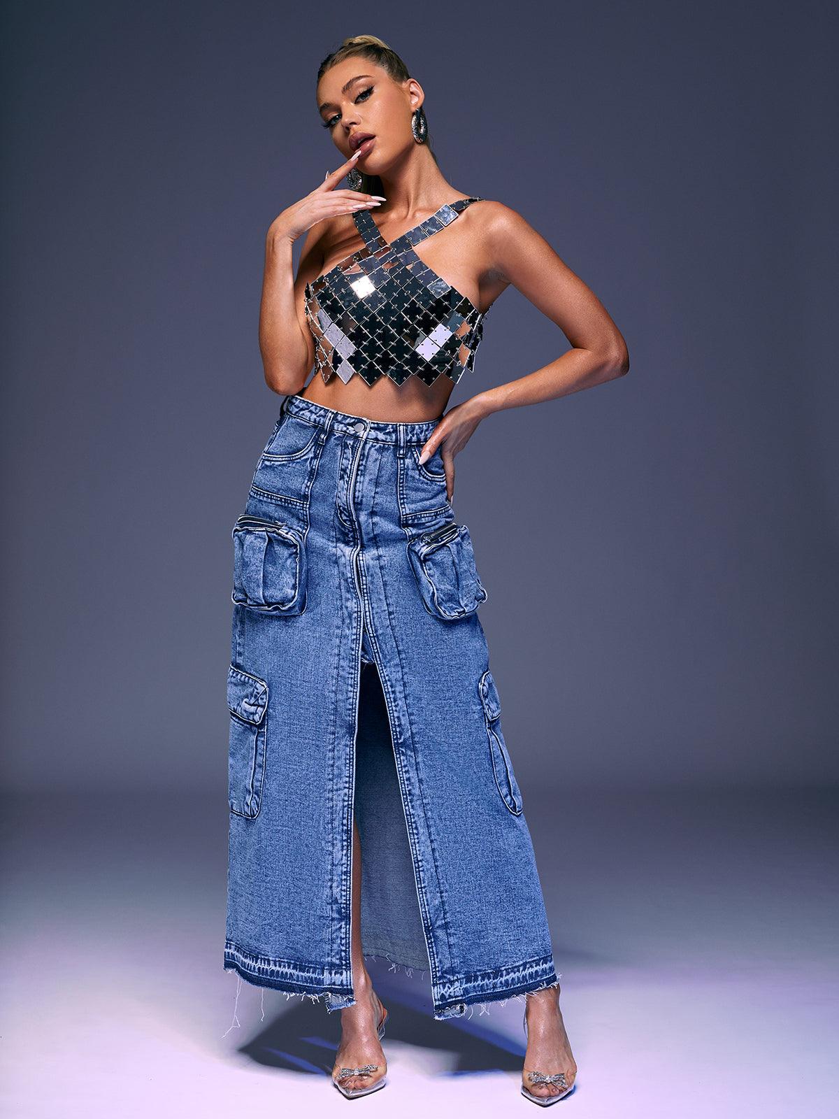 Valencia Pocket Split Denim Skirt In Blue – Mew Mews Fashion