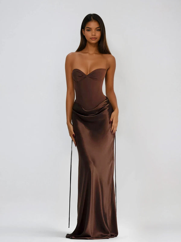 chinese dress ladies Vallissa Strapless Bodycon Satin Maxi Dress – Mew Mews