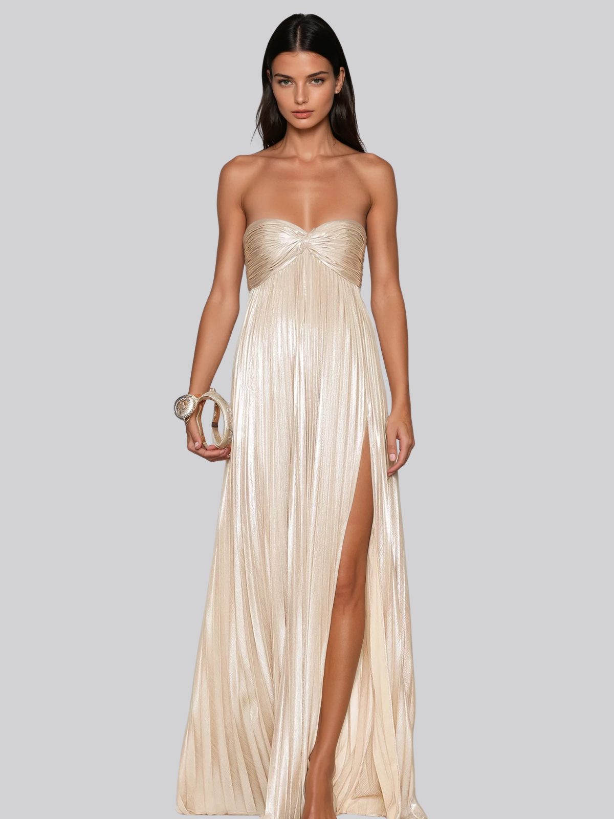metallic maxi dress Voidsphere Strapless Pleated Metallic Maxi Dress In Beige – Mew Mews