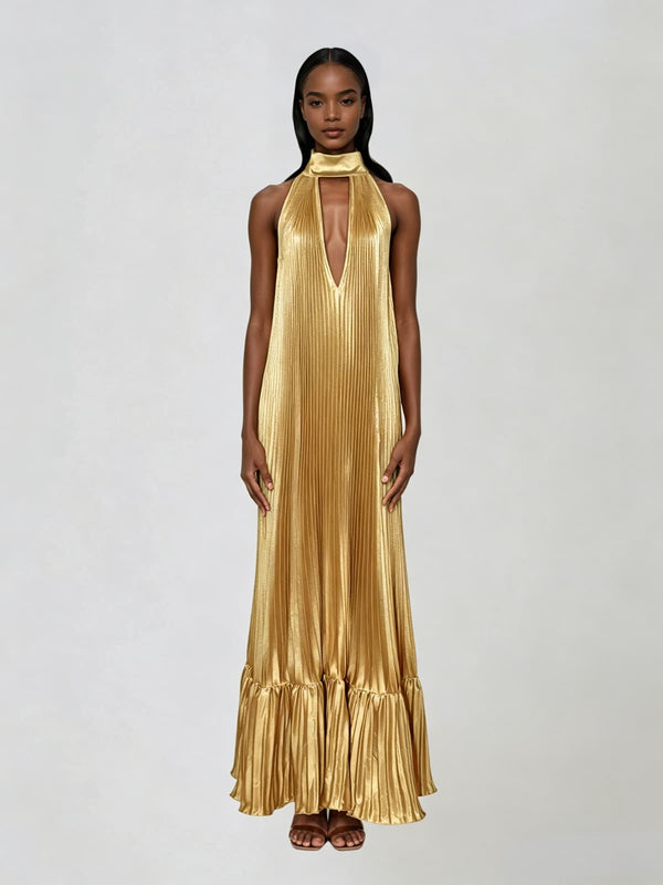 Wylith Plunge Neck Pleated Metallic Maxi Dress In Gold – Mew Mews
