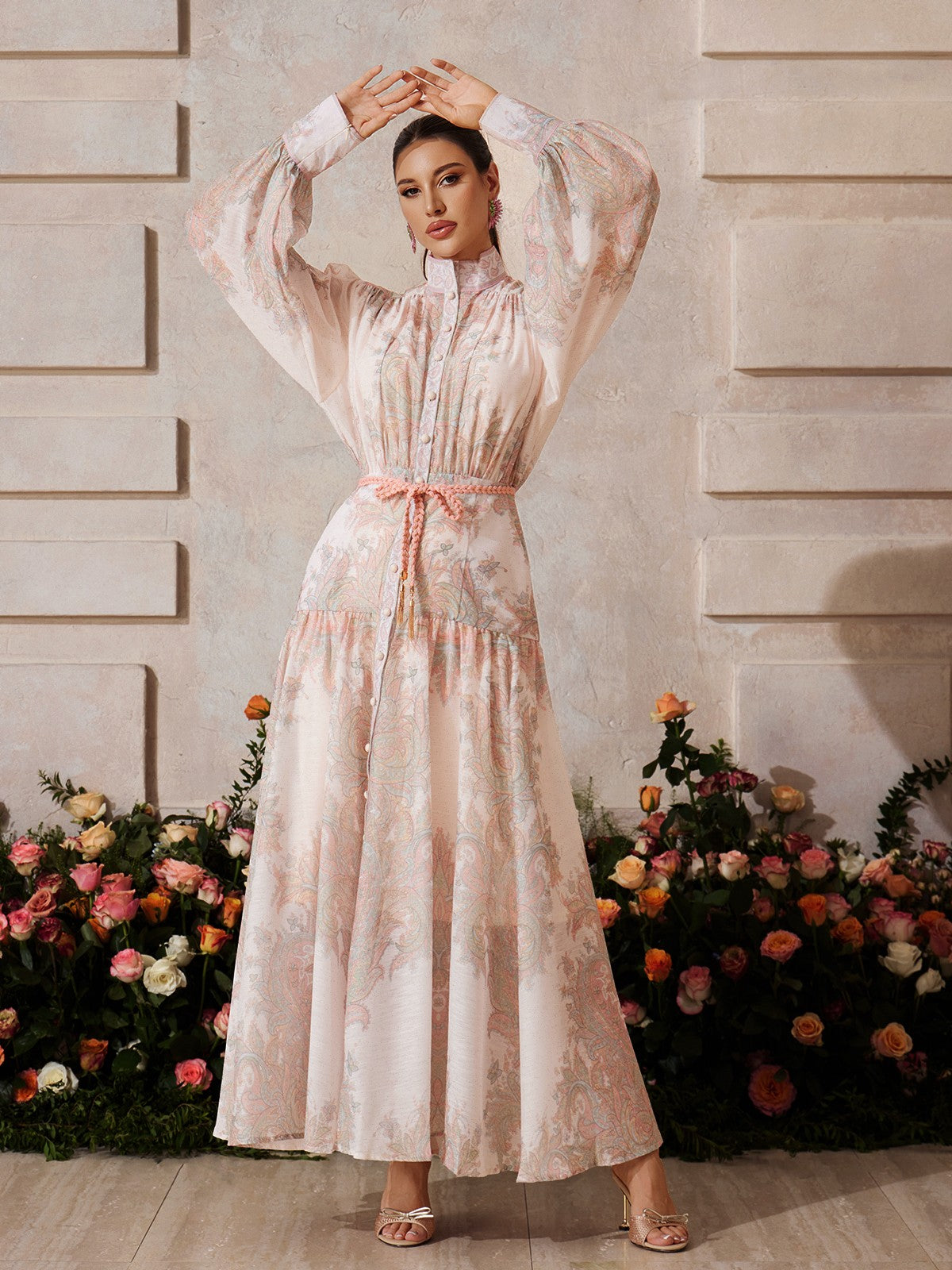 button up maxi dress Mew Mews Yexmir High Neck Button Up Floral Maxi Dress