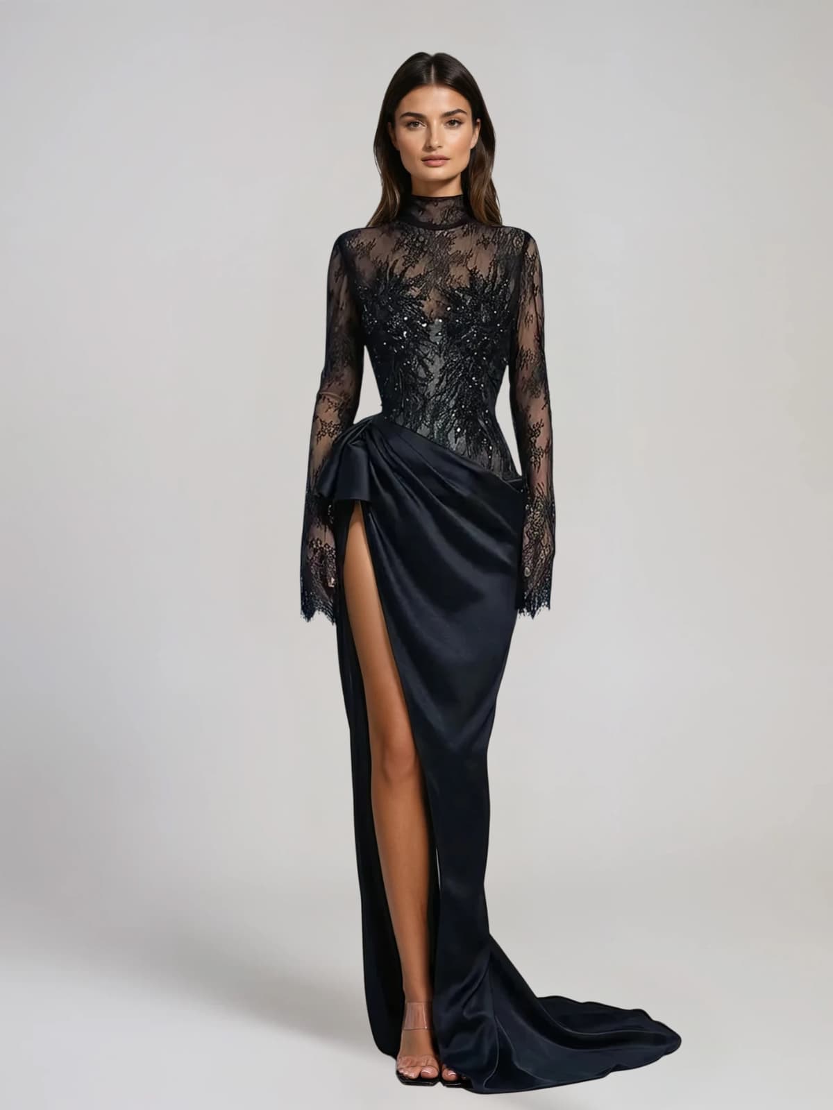 black lace split dress Noir Black Lace Thigh Split Maxi Dress