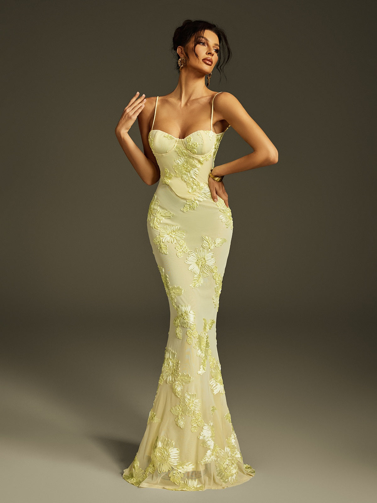Mew Mews Zryne Spaghetti Embroidered Flower Maxi Dress In Yellow