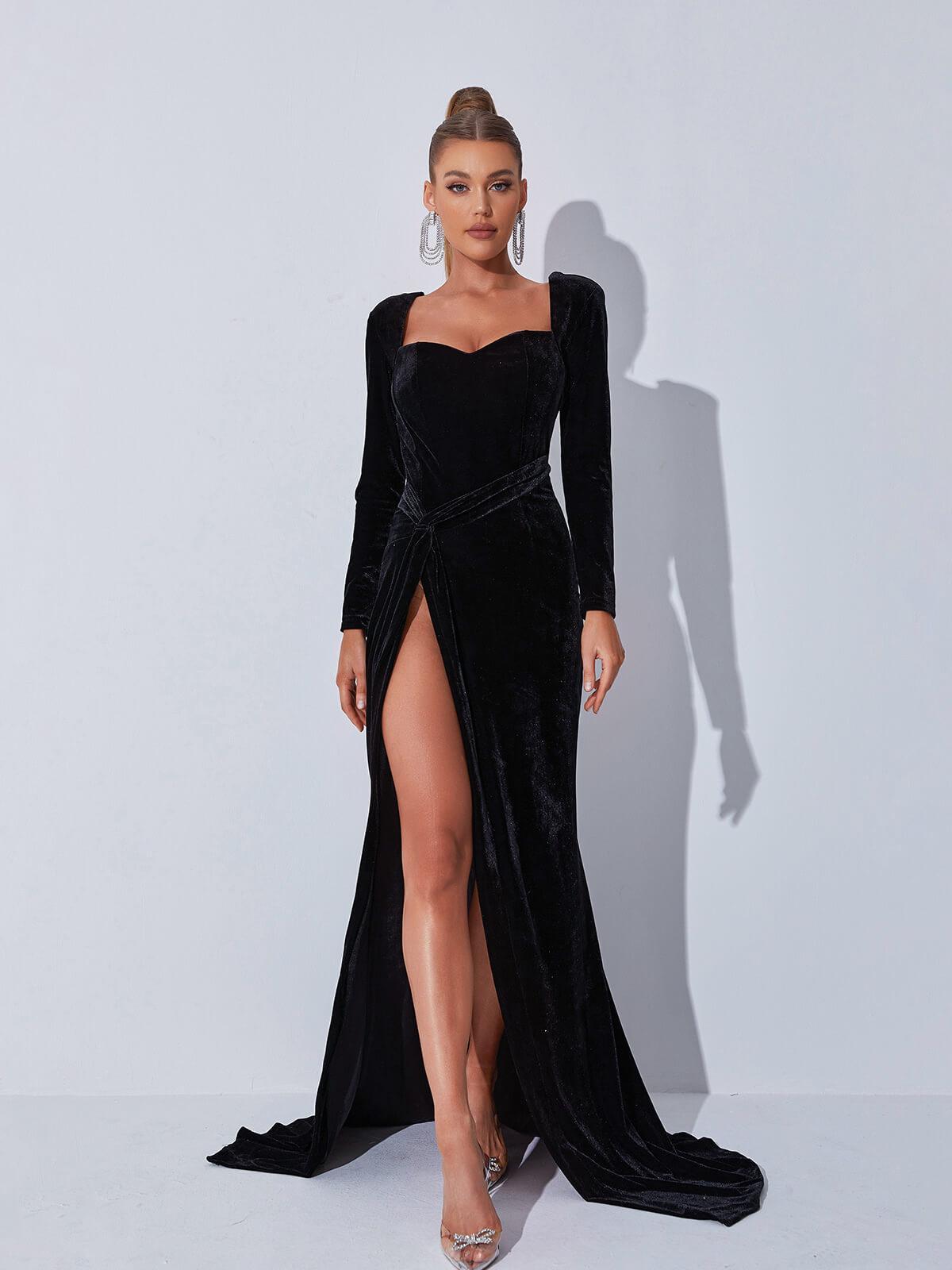 Bernice Long Sleeve Gloves Velvet Maxi Dress In Black – Mew Mews Fashion