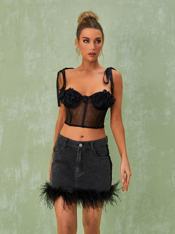 Vanille Feather Denim Mini Skirt - Mew Mews Fashion