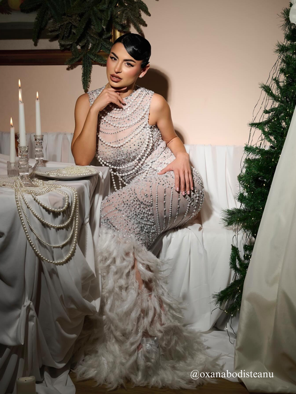 Taelyth Pearl Chain Feather Maxi Dress