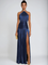 Syriona Halterneck Split Pleated Metallic Maxi Dress In Navy