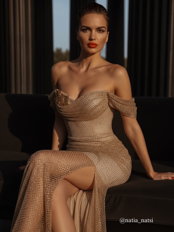 Harva Off Shoulder Diamond Mesh Maxi Dress