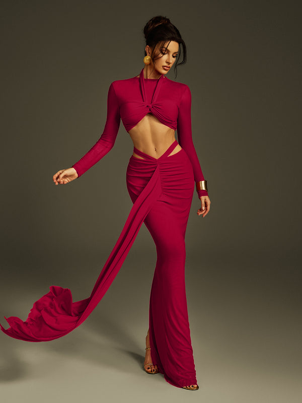 Pryssa Long Sleeve Ruched Draped Skirt Set