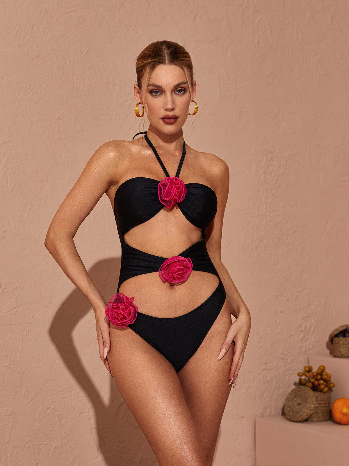 Addy Halterneck Cutout Embellished Swimsuit In Black