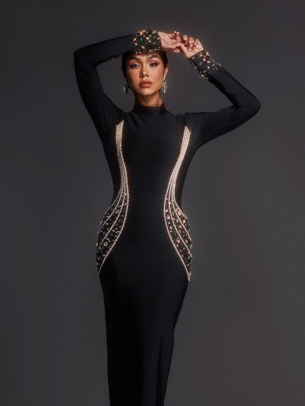 Adica Long Sleeve Rhinestone Bandage Maxi Dress