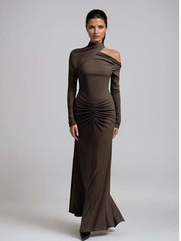 Aelius One Shoulder Ruched Maxi Dress In Brown