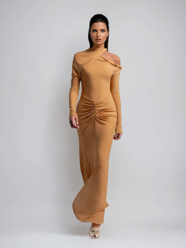 Aelius One Shoulder Ruched Maxi Dress In Orange