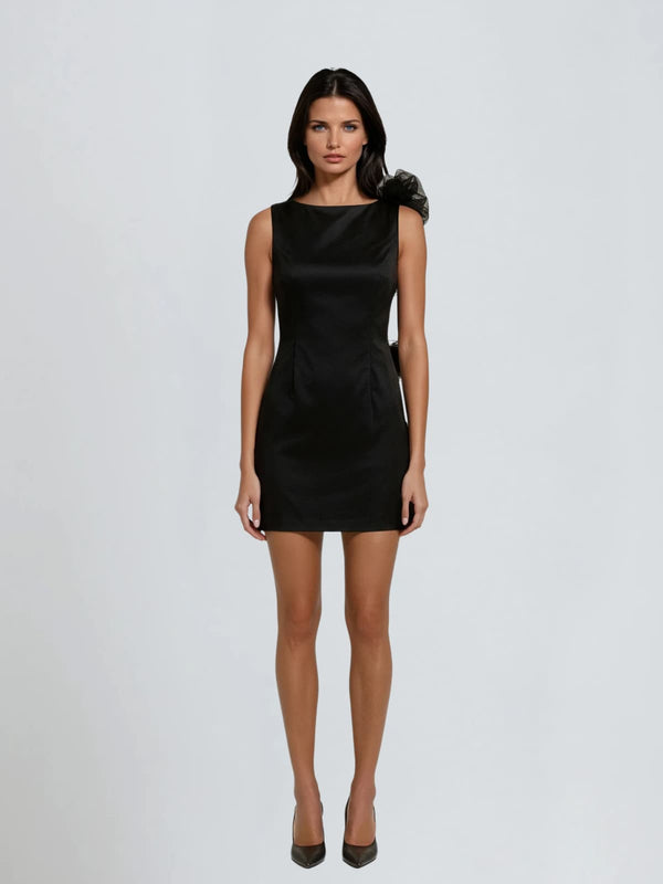 Aevorix Backless Flower Satin Mini Dress In Black