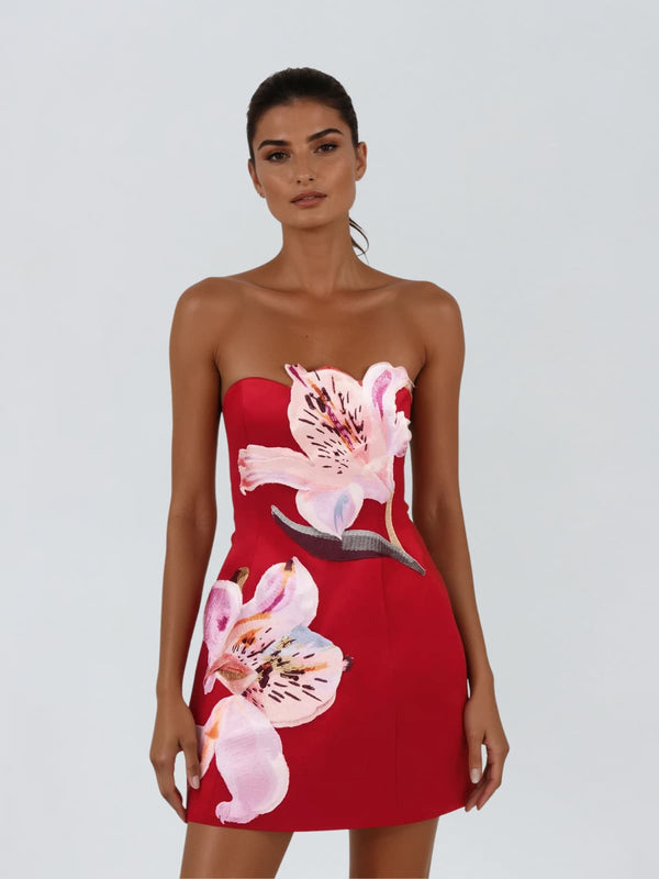 Aglaja Strapless Flower Mini Dress In Hot Pink