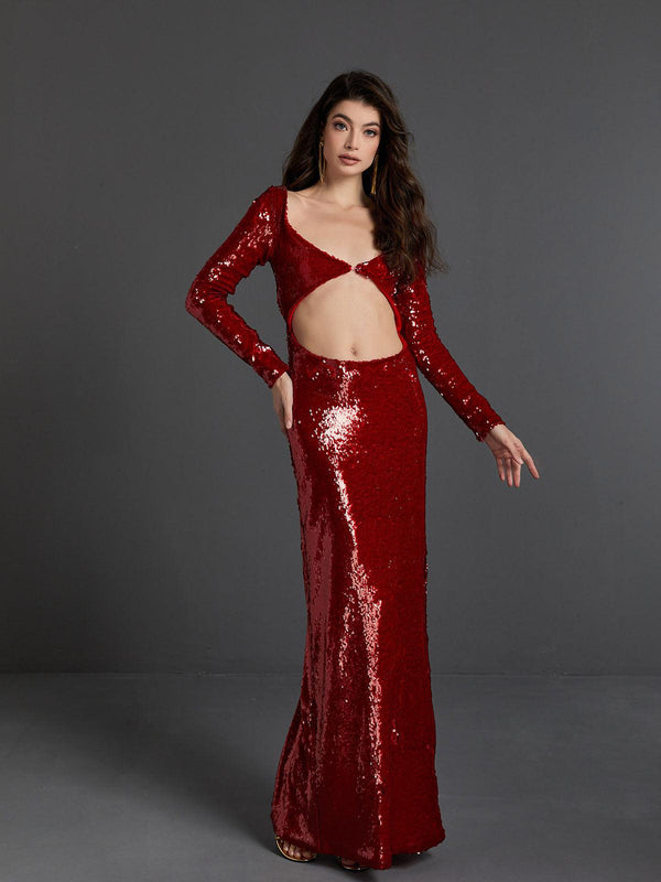 Ailana Long Sleeve Sequin Cutout Maxi Dress - Mew Mews Fashion
