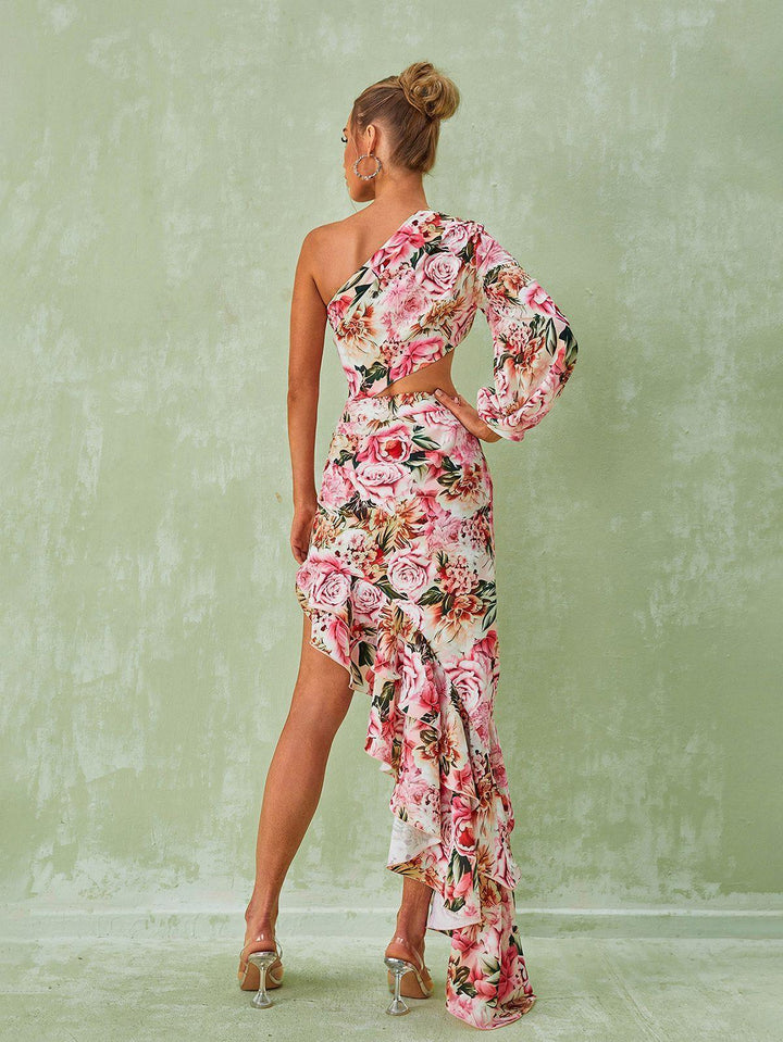 Aiyana One Shoulder Floral Maxi Dress In Pink - Mew Mews