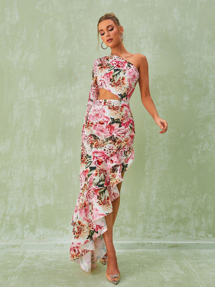 Aiyana One Shoulder Floral Maxi Dress In Pink - Mew Mews