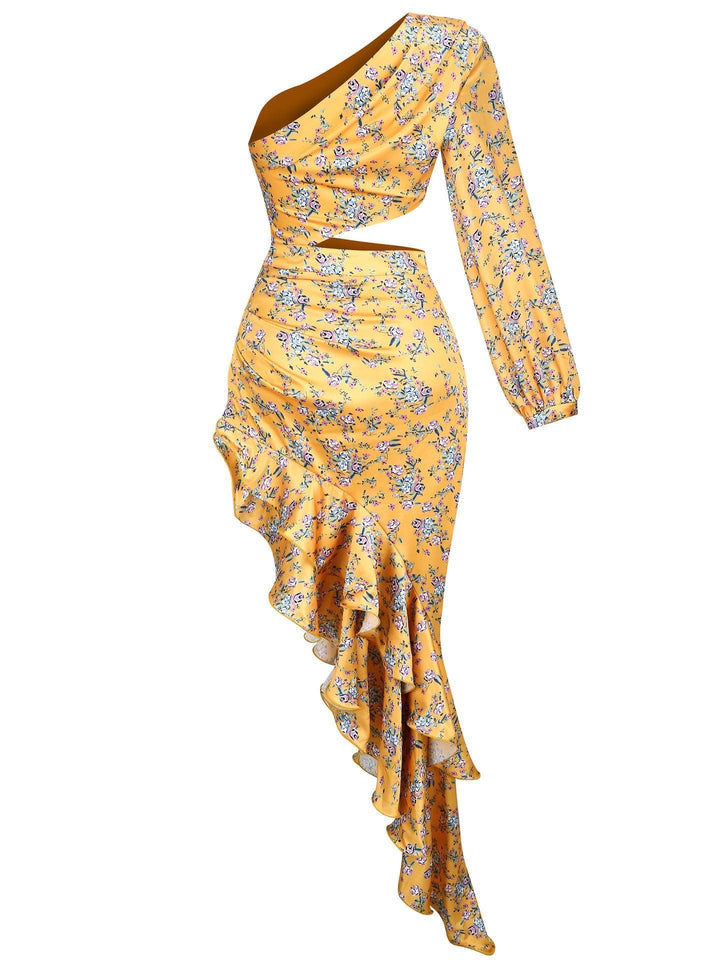 Aiyana One Shoulder Floral Maxi Dress In Yellow - Mew Mews