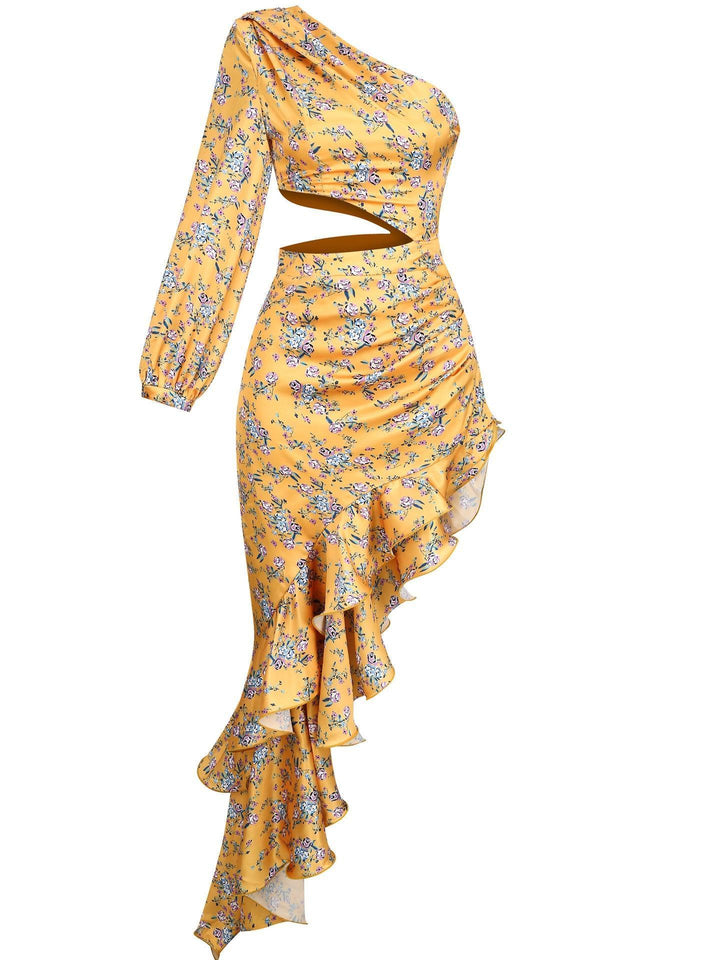 Aiyana One Shoulder Floral Maxi Dress In Yellow - Mew Mews