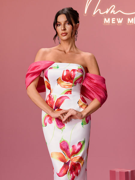 Aldrich Off Shoulder Floral Satin Midi Dress  Mew Mews