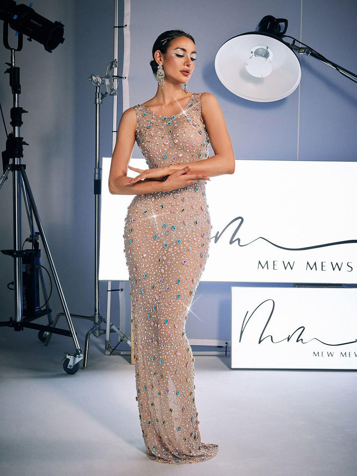 Alfredo Scoop Neck Rhinestone Maxi Dress - Mew Mews