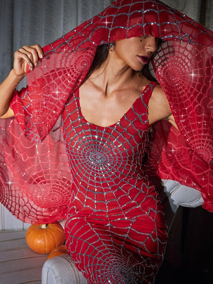 Allisa Cobweb Sequin Veil In Red - Mew Mews