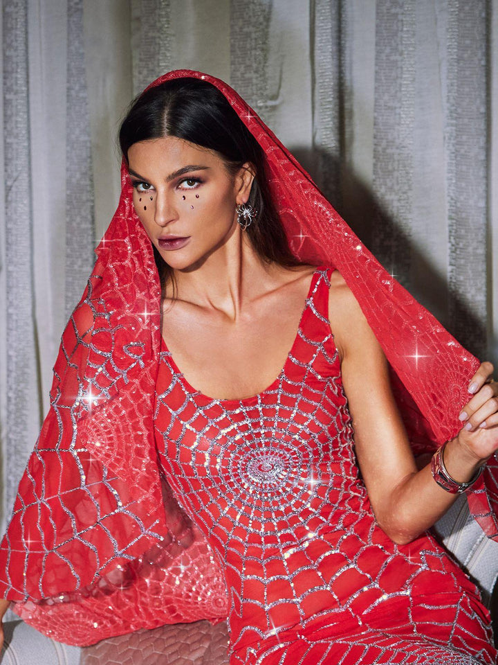 Allisa Cobweb Sequin Veil In Red - Mew Mews