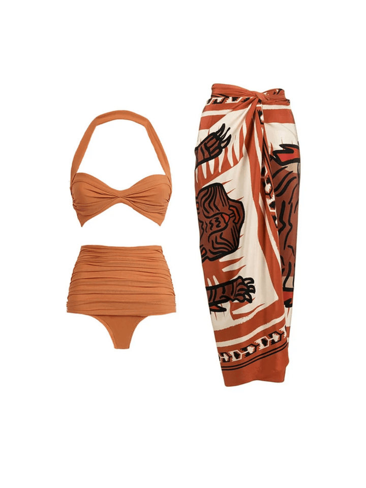 Almond Halterneck Bikini Three Piece Set - Mew Mews