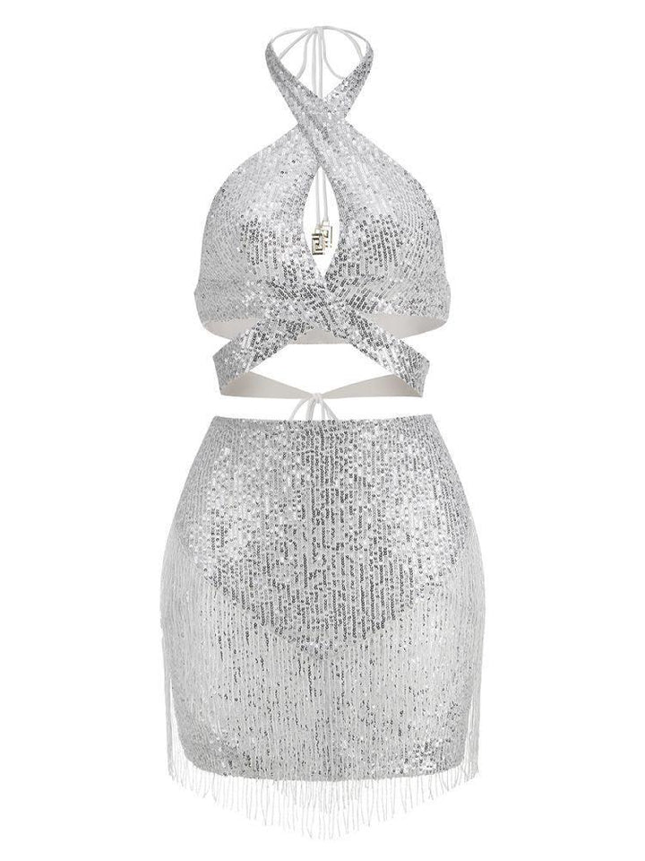 Altalune Halterneck Sequin Skirt Set In Silver - Mew Mews