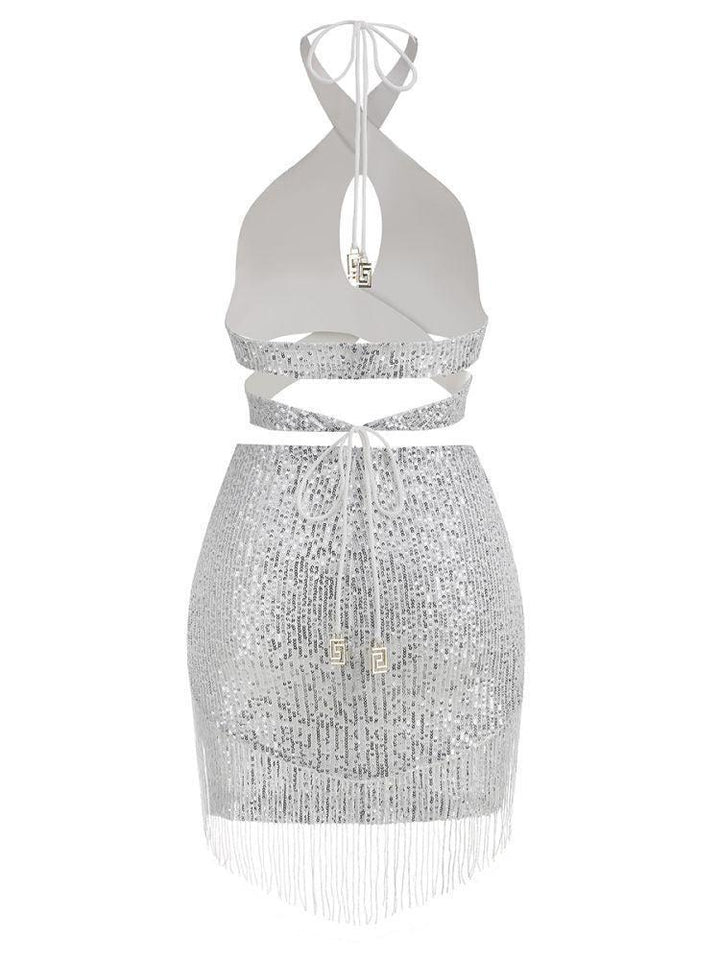 Altalune Halterneck Sequin Skirt Set In Silver - Mew Mews