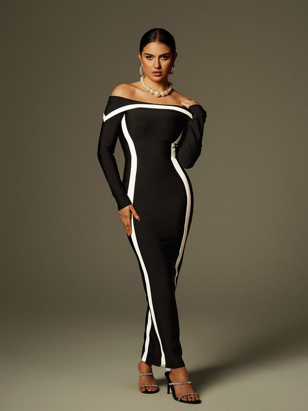 Alyvia Off Shoulder Stripe Bandage Maxi Dress