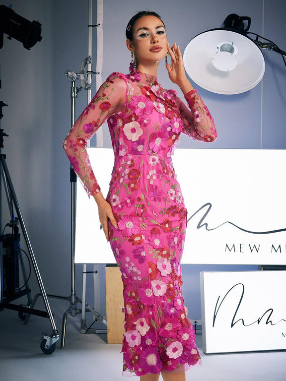 Amara Long Sleeve Embroidered Midi Dress In Hot Pink – Mew Mews