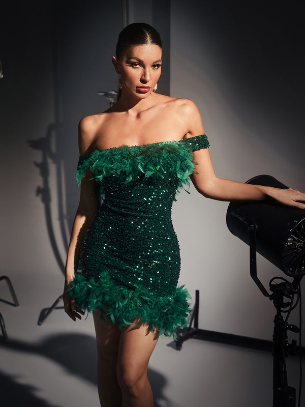 Amaris Off Shoulder Sequin Feather Mini Dress In Green