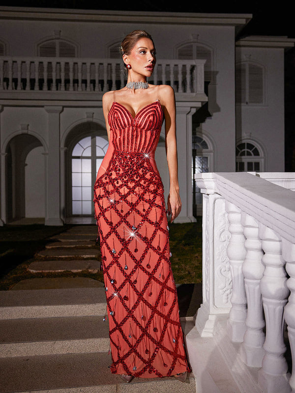 Angelo Sequin Embellished Mesh Maxi Dress