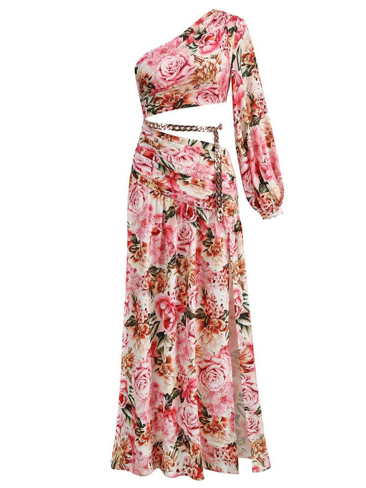 Annabella One Shoulder Floral Cutout Maxi Dress In Pink - Mew Mews