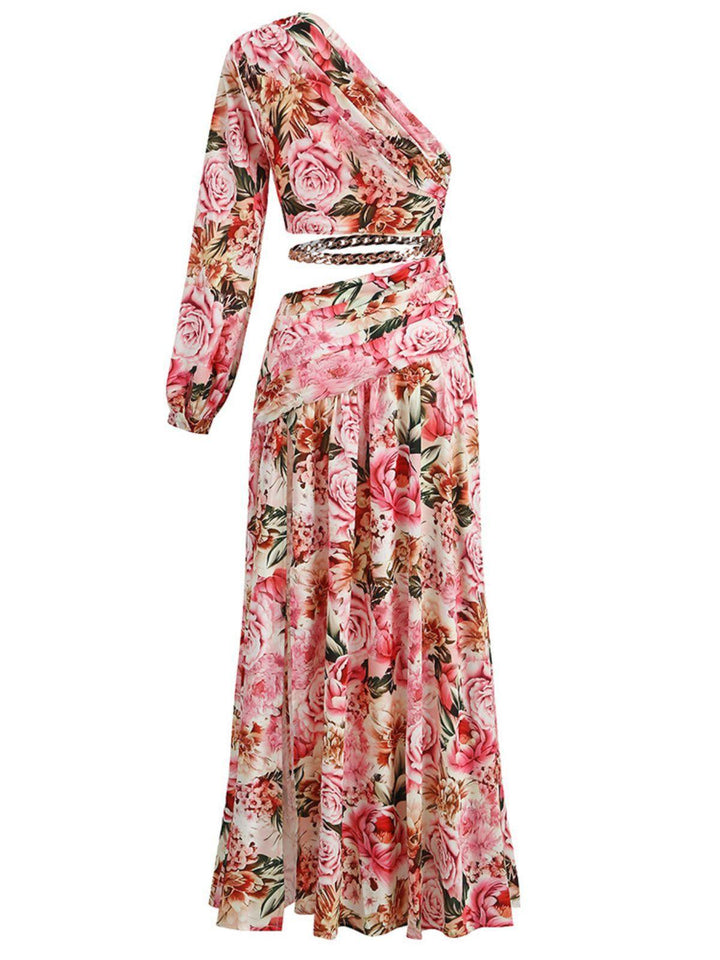 Annabella One Shoulder Floral Cutout Maxi Dress In Pink - Mew Mews