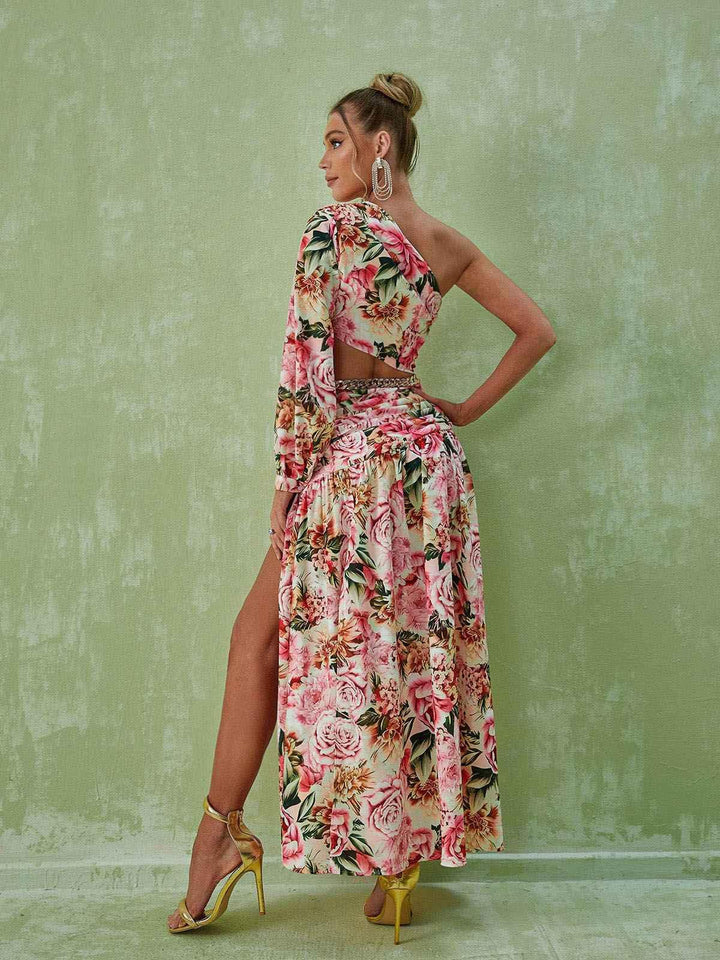 Annabella One Shoulder Floral Cutout Maxi Dress In Pink - Mew Mews