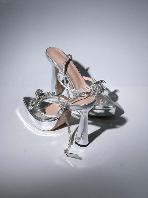 Anouk Bow Crystal Heels In Silver